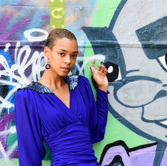 80s blue chiffon jumpsuit with beaded shoulders - Picture 7 of 8